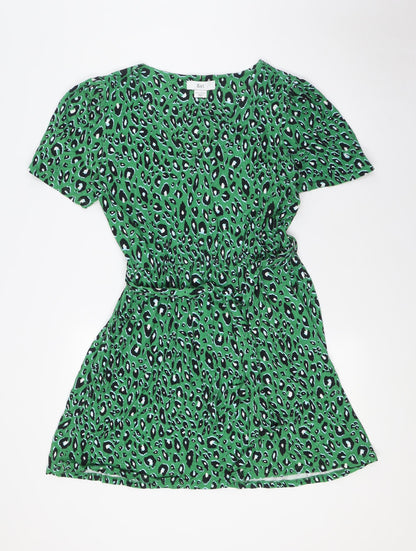 &et Womens Green Animal Print Viscose A-Line Size 12 V-Neck
