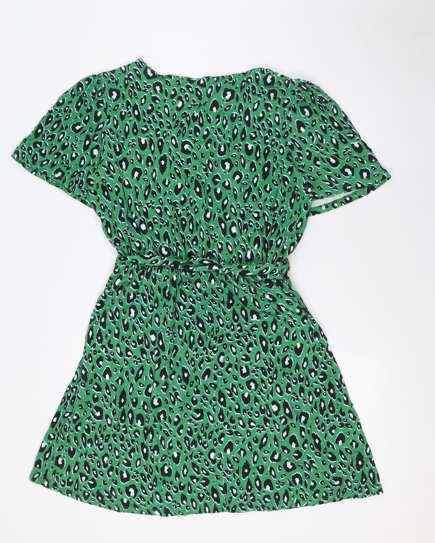 &et Womens Green Animal Print Viscose A-Line Size 12 V-Neck