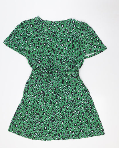 &et Womens Green Animal Print Viscose A-Line Size 12 V-Neck