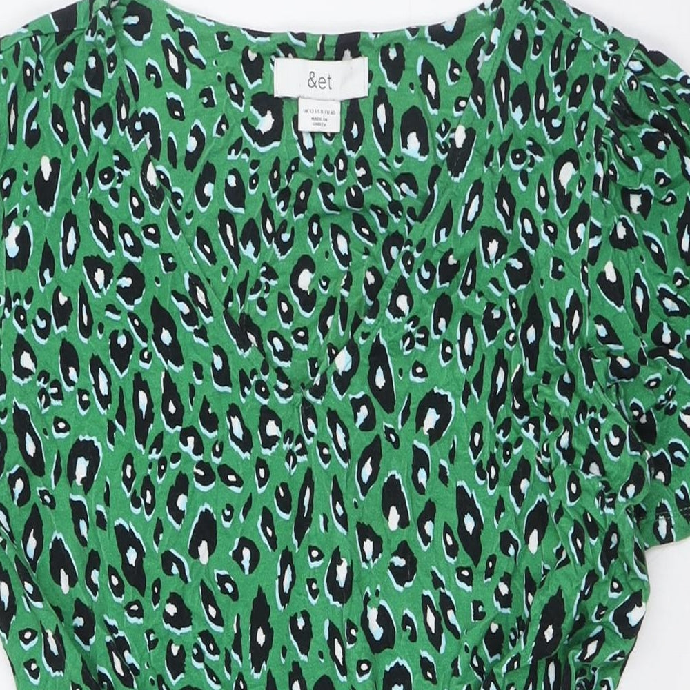 &et Womens Green Animal Print Viscose A-Line Size 12 V-Neck