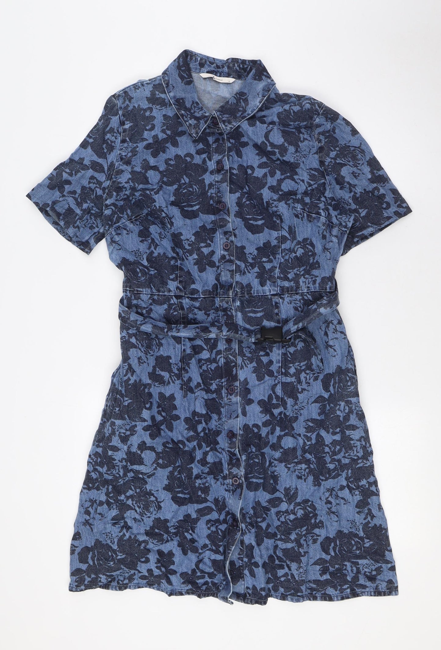 TU Womens Blue Floral Cotton A-Line Size 12 Collared Button