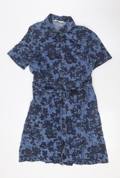 TU Womens Blue Floral Cotton A-Line Size 12 Collared Button