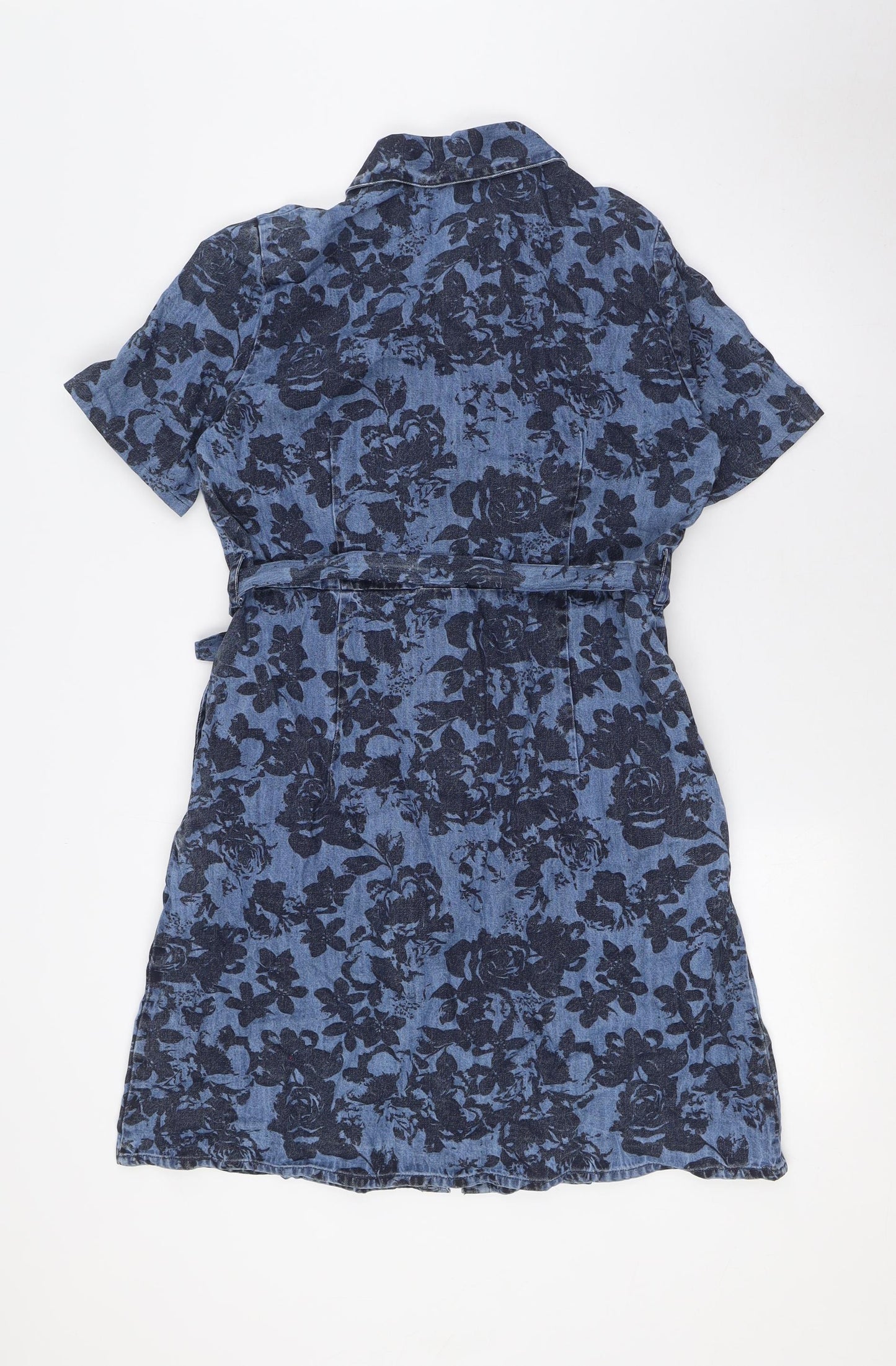 TU Womens Blue Floral Cotton A-Line Size 12 Collared Button