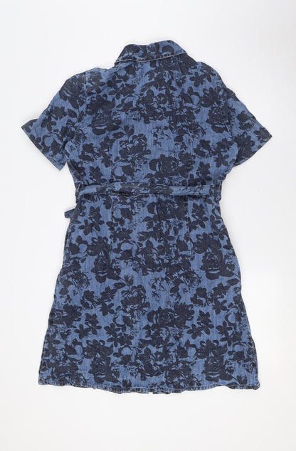 TU Womens Blue Floral Cotton A-Line Size 12 Collared Button