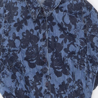 TU Womens Blue Floral Cotton A-Line Size 12 Collared Button