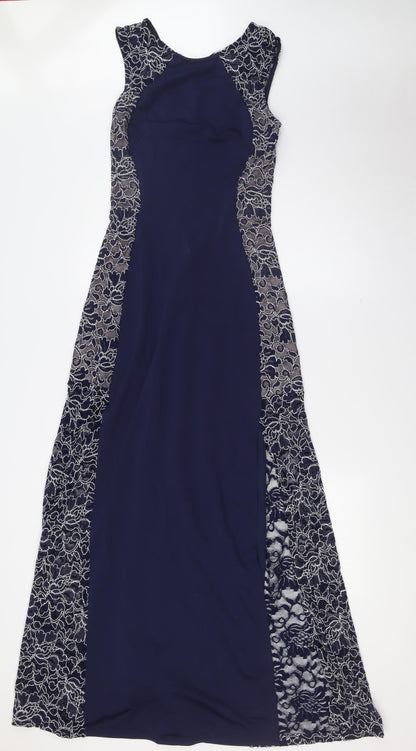 Lipsy Womens Blue Polyester A-Line Size 10 Round Neck Zip - Lace Panels