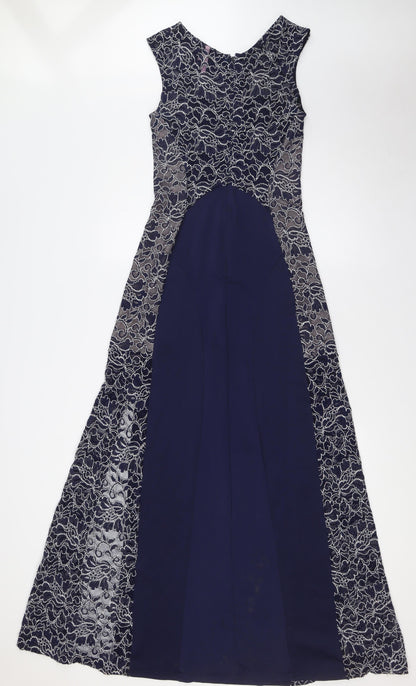 Lipsy Womens Blue Polyester A-Line Size 10 Round Neck Zip - Lace Panels
