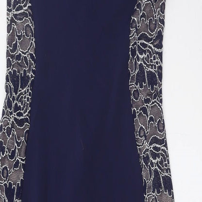 Lipsy Womens Blue Polyester A-Line Size 10 Round Neck Zip - Lace Panels