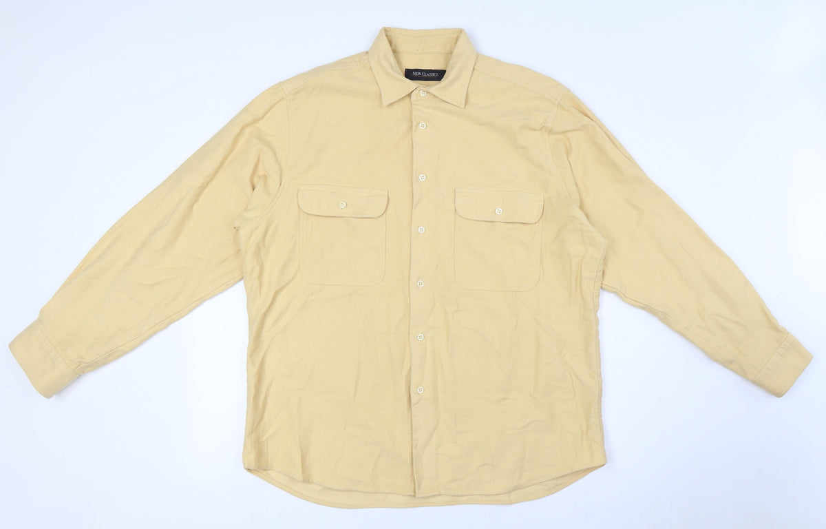 New Class Mens Yellow Cotton Button-Up Size L Collared Button