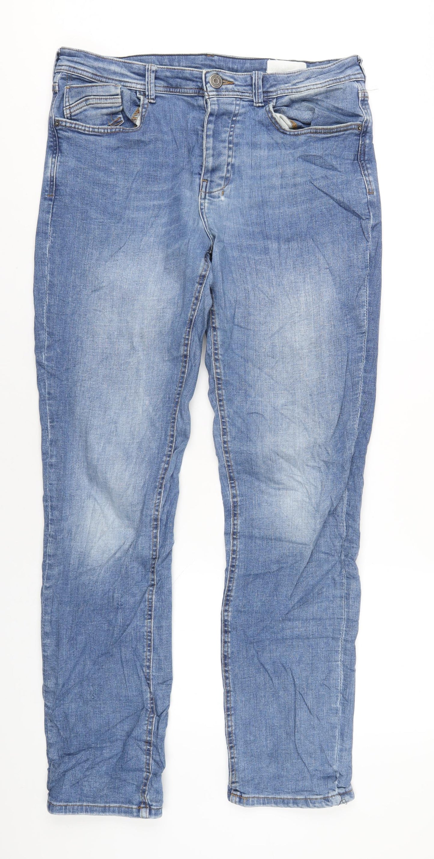 Denim & Co. Mens Blue Cotton Straight Jeans Size 34 in L34 in Regular Button