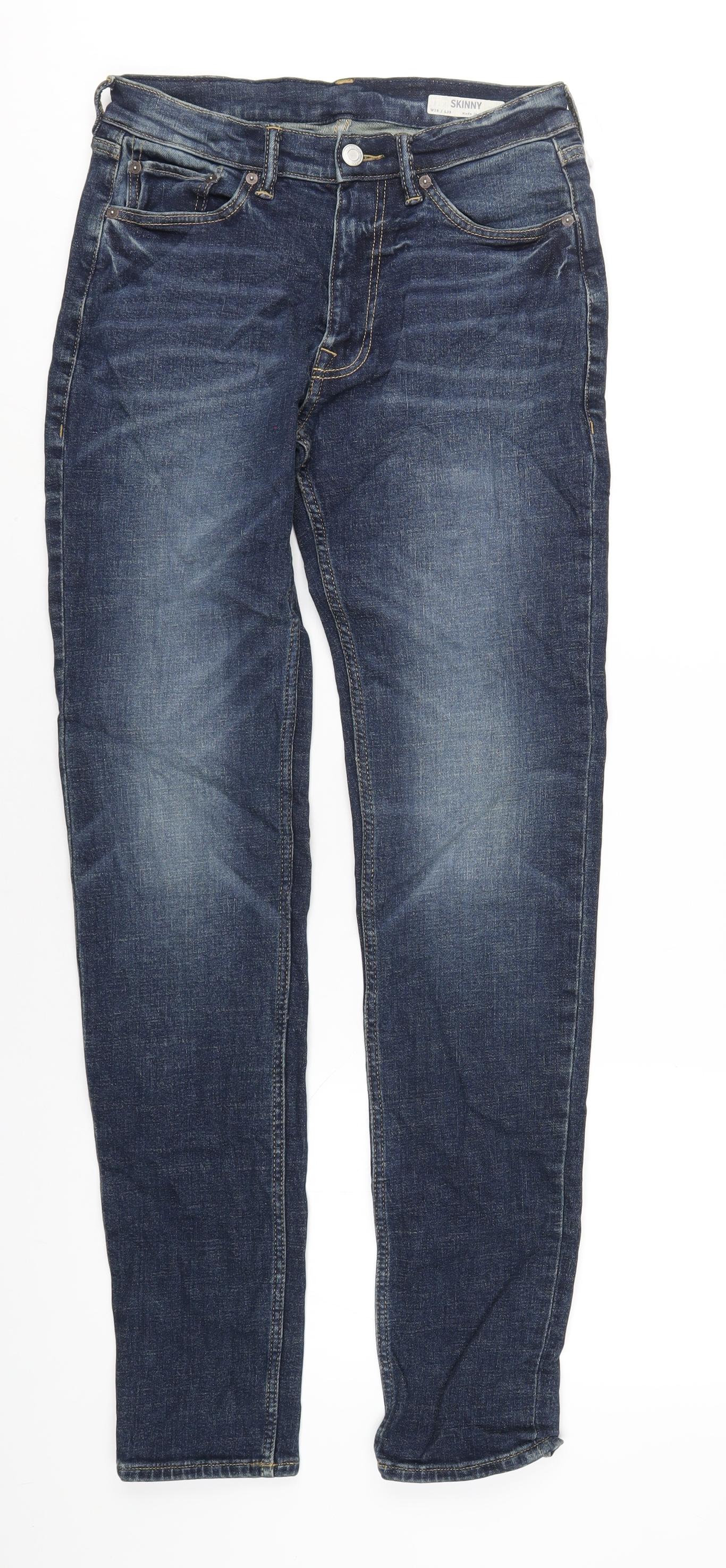 Marks and Spencer Mens Blue Cotton Skinny Jeans Size 28 in L33 in Regular Zip