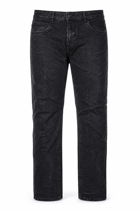 Front view of Easy men’s black cotton straight jeans, size 32, in, 32-inch leg slim zip