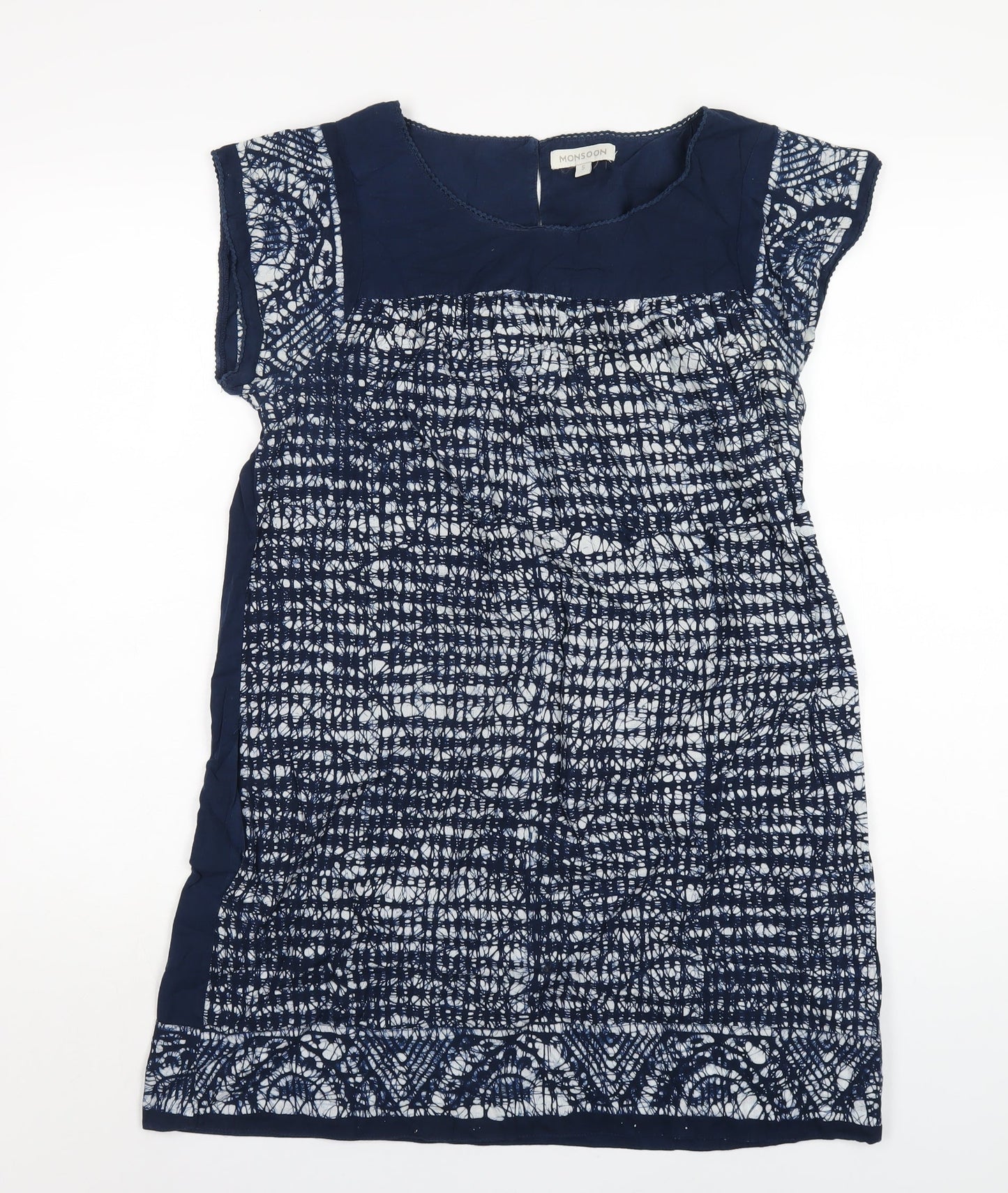 Monsoon Womens Blue Geometric Cotton A-Line Size S Round Neck Button