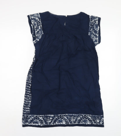 Monsoon Womens Blue Geometric Cotton A-Line Size S Round Neck Button