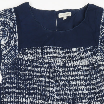 Monsoon Womens Blue Geometric Cotton A-Line Size S Round Neck Button