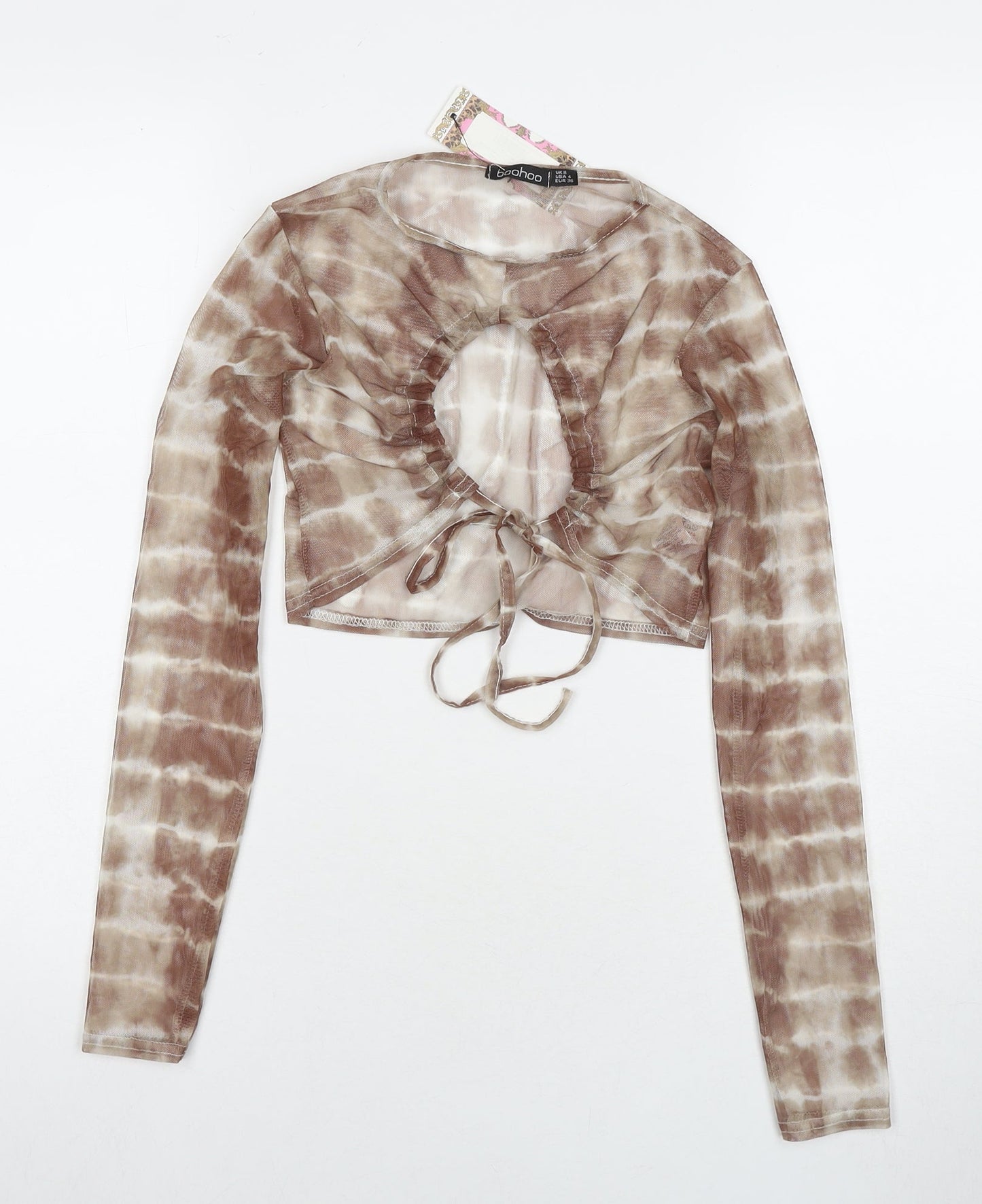 Boohoo Womens Brown Check Polyester Cropped T-Shirt Size 8 Round Neck