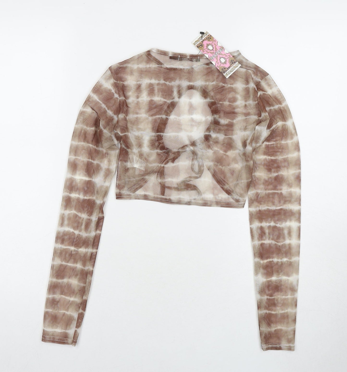 Boohoo Womens Brown Check Polyester Cropped T-Shirt Size 8 Round Neck