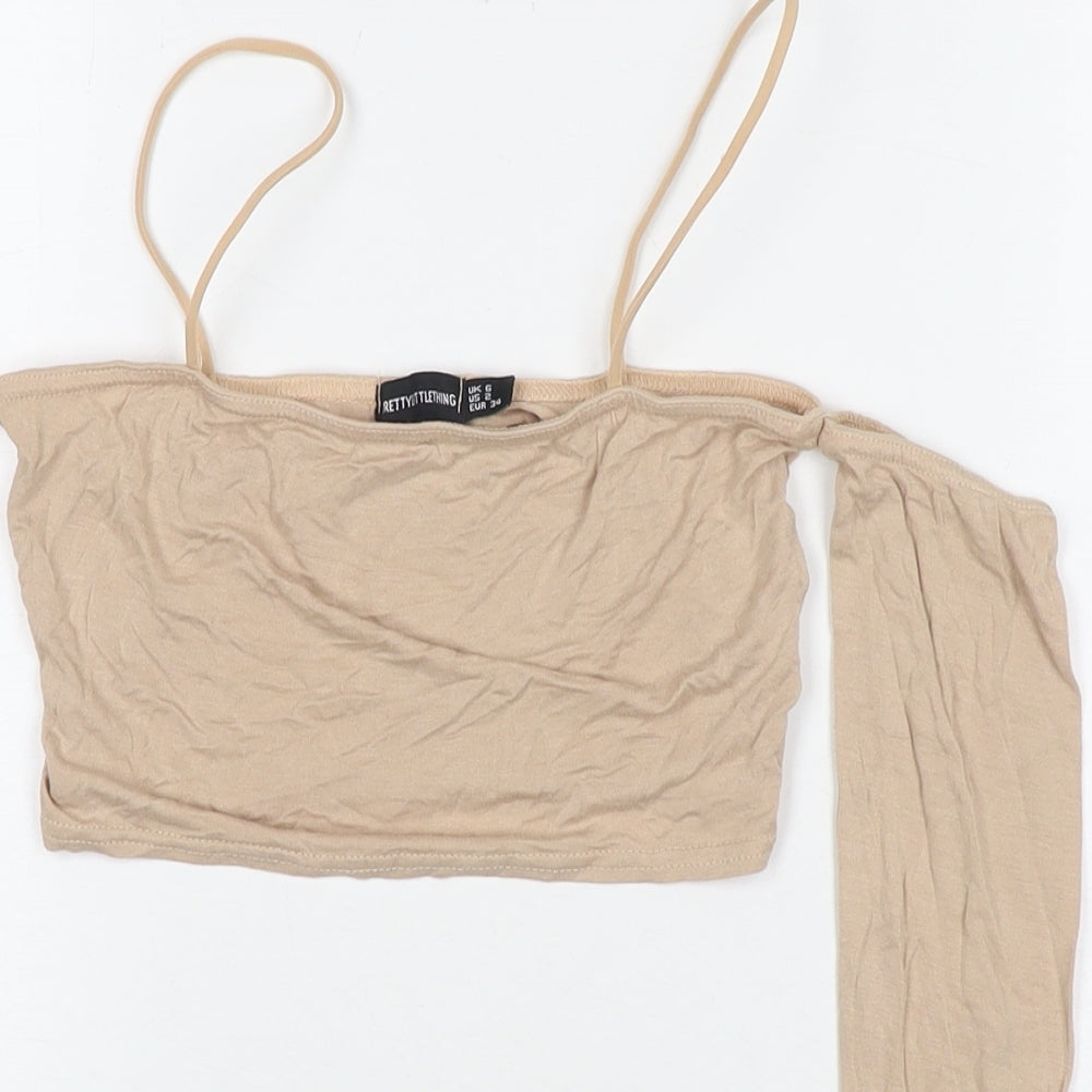 Womens UK Size 6 PRETTYLITTLETHING Beige Cropped T-Shirt