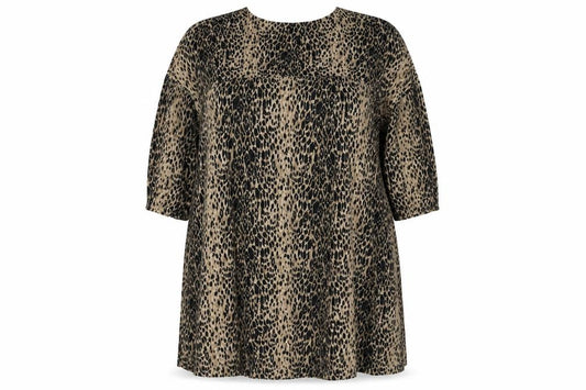 Front view of ASOS women’s brown animal print polyester tunic t-shirt, size UK 16, round neck