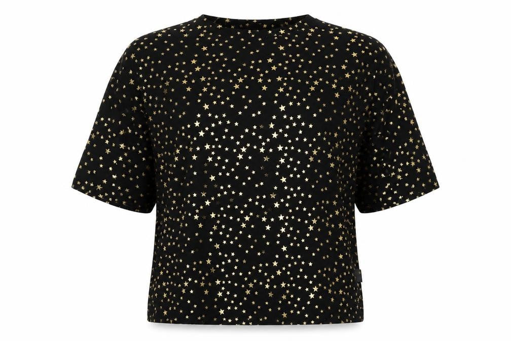 Glamorous Womens Black Geometric Polyester Basic T-Shirt Size 10 Round Neck - Stars