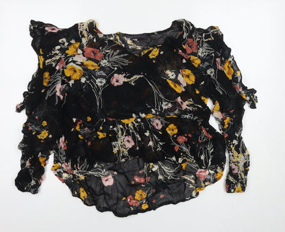 Marks and Spencer Womens Black Floral Viscose Basic Blouse Size 16 Round Neck - Cold Shoulder