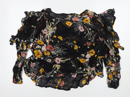 Marks and Spencer Womens Black Floral Viscose Basic Blouse Size 16 Round Neck - Cold Shoulder