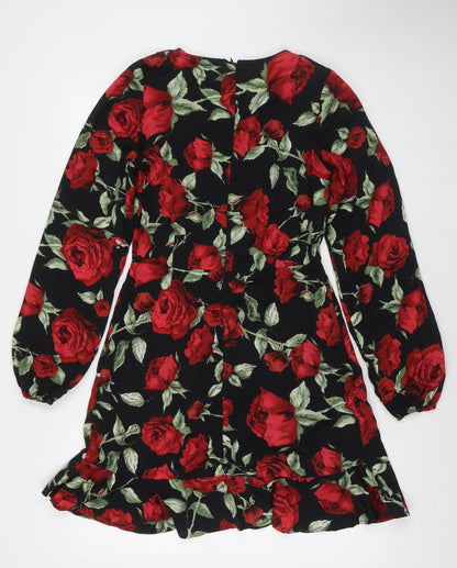 AX Paris Womens Black Floral Polyester Fit & Flare Size 10 V-Neck Pullover