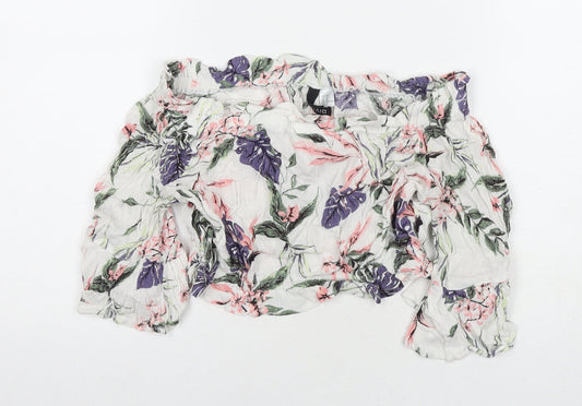 Divided by H&M Womens Multicoloured Floral Viscose Cropped T-Shirt Size 10 Off the Shoulder