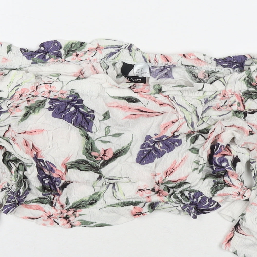 Divided by H&M Womens Multicoloured Floral Viscose Cropped T-Shirt Size 10 Off the Shoulder