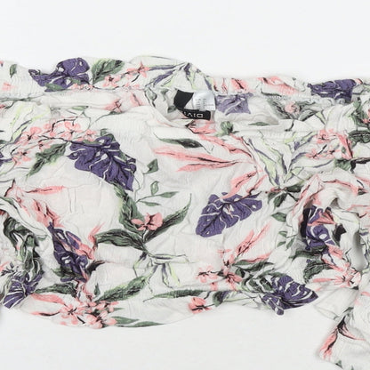Divided by H&M Womens Multicoloured Floral Viscose Cropped T-Shirt Size 10 Off the Shoulder