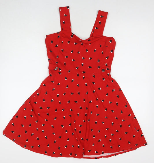 Dorothy Perkins Womens Red Geometric Cotton Fit & Flare Size 12 Square Neck Pullover