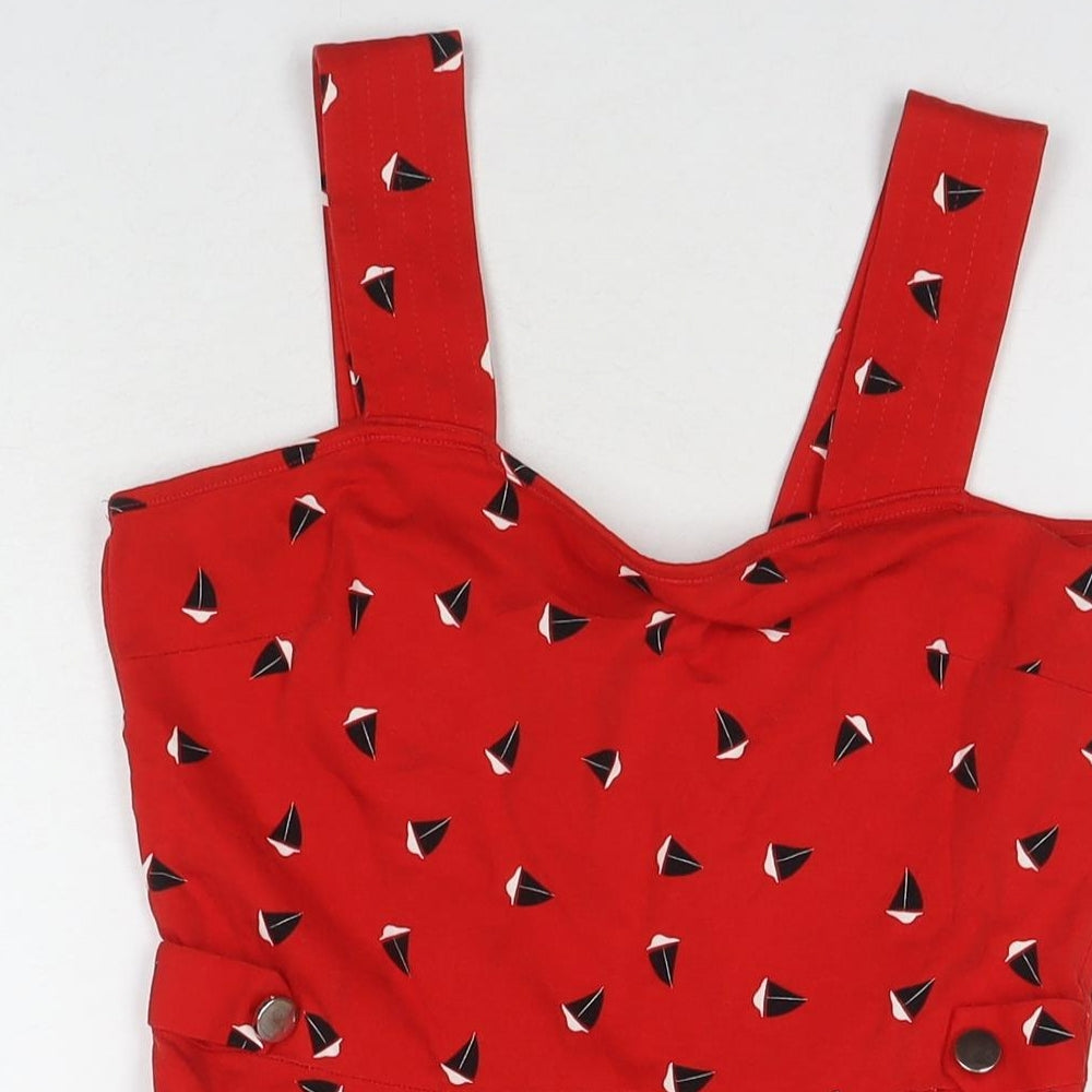 Dorothy Perkins Womens Red Geometric Cotton Fit & Flare Size 12 Square Neck Pullover