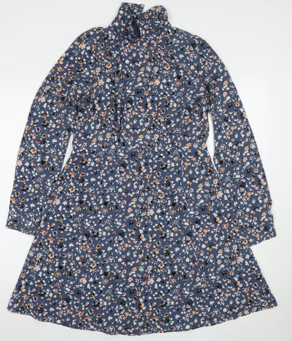 Marks and Spencer Womens Blue Floral Polyester A-Line Size 12 Collared Pullover