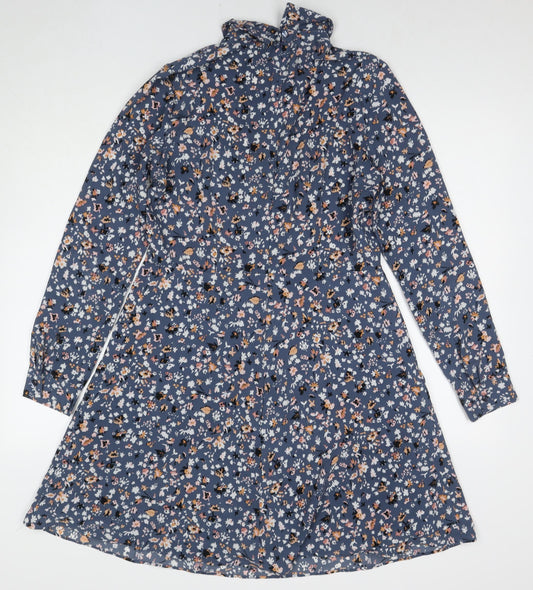 Marks and Spencer Womens Blue Floral Polyester A-Line Size 12 Collared Pullover