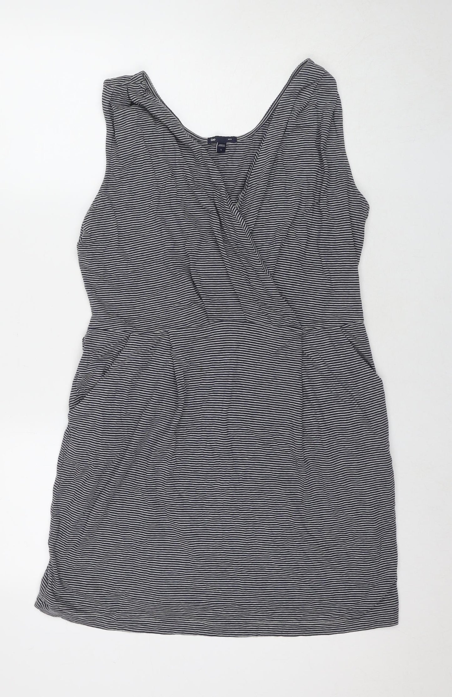 Gap Womens Black Striped Cotton A-Line Size L V-Neck Pullover