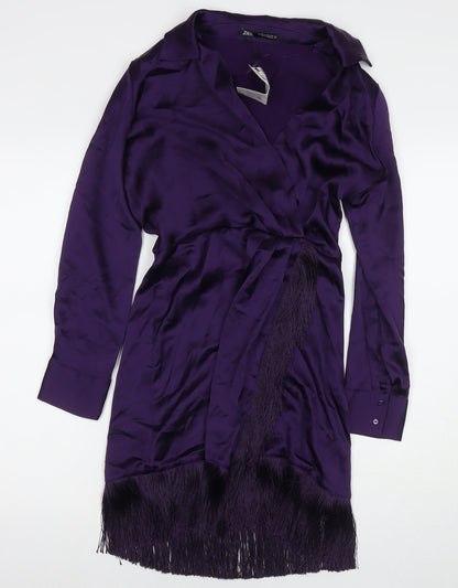 Zara Womens Purple Polyester A-Line Size XS V-Neck Zip - Tasseled
