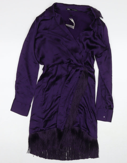 Zara Womens Purple Polyester A-Line Size XS V-Neck Zip - Tasseled