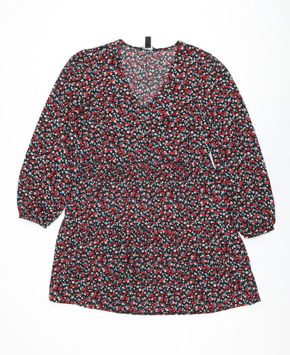 New Look Womens Black Floral Polyester Shift Size 10 V-Neck Pullover