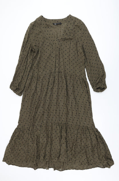 Zara Womens Green Polka Dot Polyester Shift Size S V-Neck Pullover