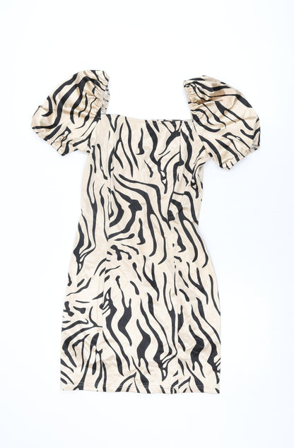 Quiz Womens Beige Animal Print Polyester Bodycon Size 10 Square Neck Zip