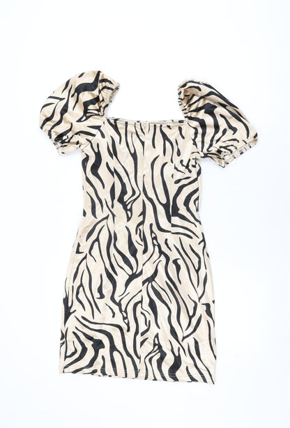 Quiz Womens Beige Animal Print Polyester Bodycon Size 10 Square Neck Zip