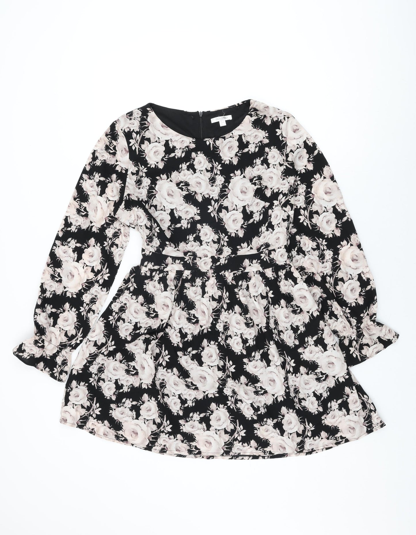 Goldkid Womens Black Floral Polyester Skater Dress Size 12 Round Neck Zip