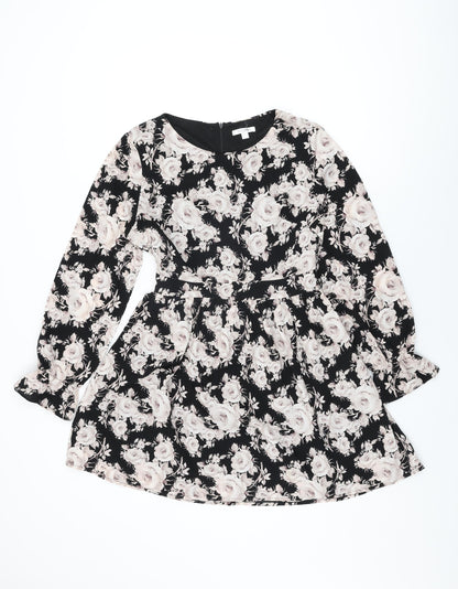 Goldkid Womens Black Floral Polyester Skater Dress Size 12 Round Neck Zip