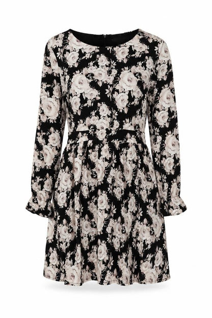 Goldkid Womens Black Floral Polyester Skater Dress Size 12 Round Neck Zip