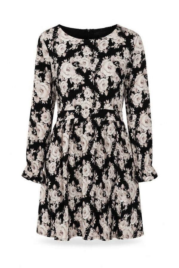 Goldkid Womens Black Floral Polyester Skater Dress Size 12 Round Neck Zip