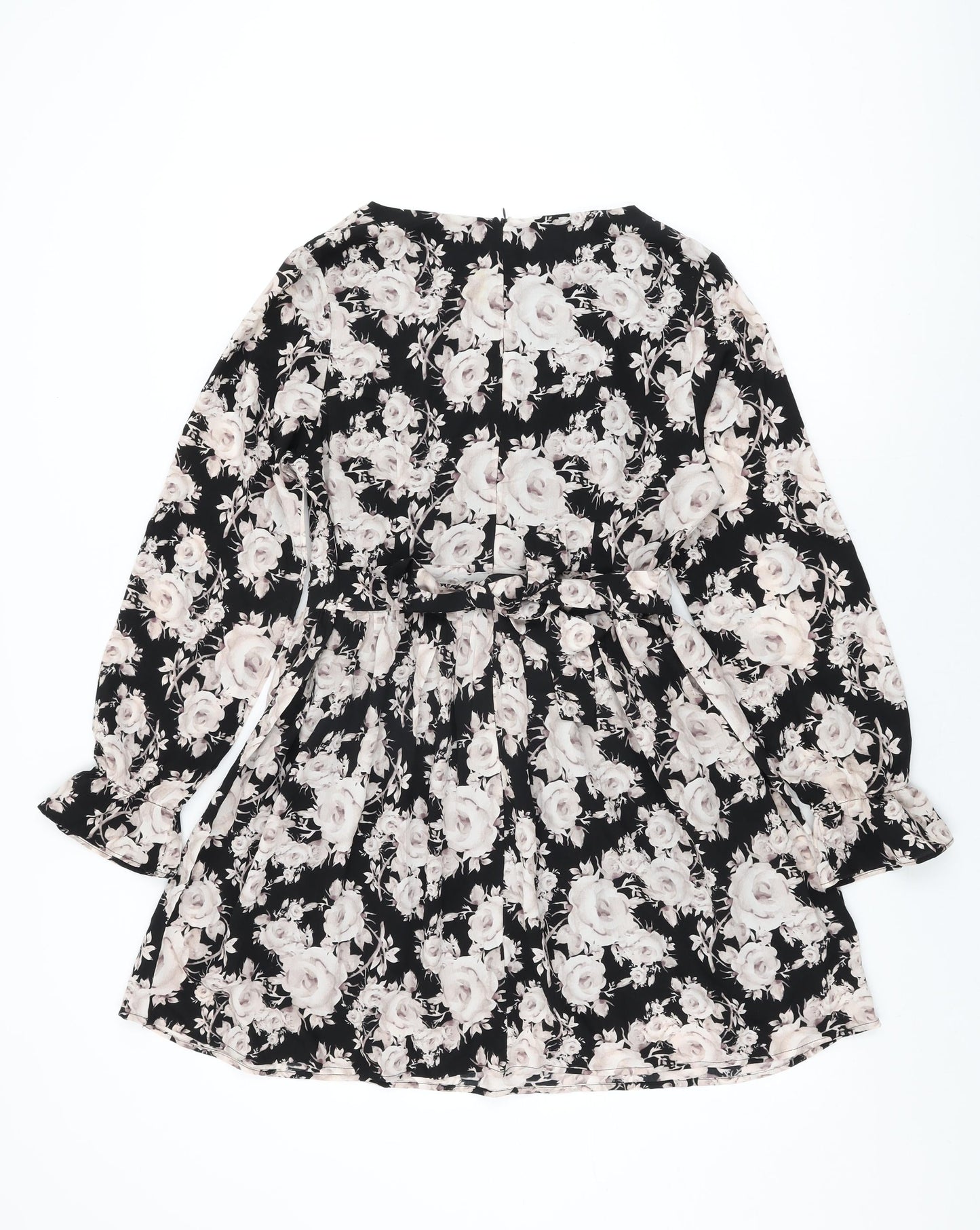 Goldkid Womens Black Floral Polyester Skater Dress Size 12 Round Neck Zip
