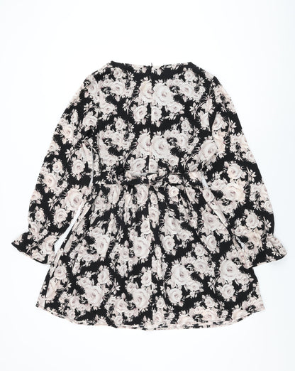 Goldkid Womens Black Floral Polyester Skater Dress Size 12 Round Neck Zip