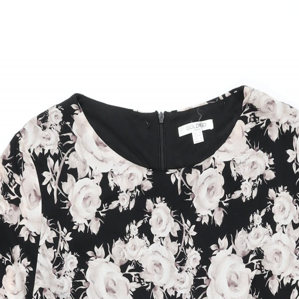 Goldkid Womens Black Floral Polyester Skater Dress Size 12 Round Neck Zip