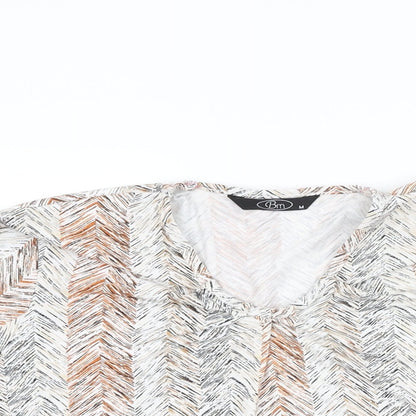 BM Womens White Geometric Polyester Basic T-Shirt Size M V-Neck