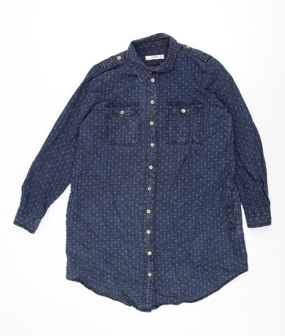 Mango Womens Blue Geometric Cotton Shift Size S Collared Snap